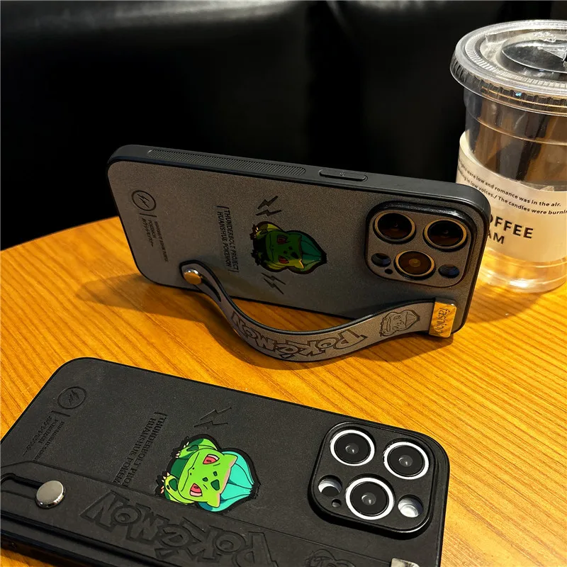 Anime Bulbasaur P-Pokemons Laser Logo Phone Case for iPhone 11 12 13 14 15 16 Pro Max Plus 16pro Leather Wrist strap Cover