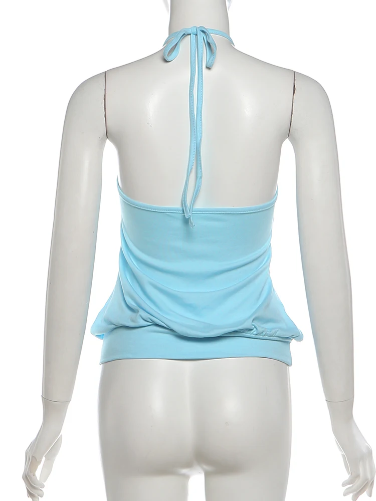 Sisterlinda Modisches Rückenfreies Tanktop für Damen, Sexy Halter-Top mit Bandagen, Gerafftes Patchwork-Design, Einfaches Midnight-Party-Streetwear-Clubtop – Detail 6