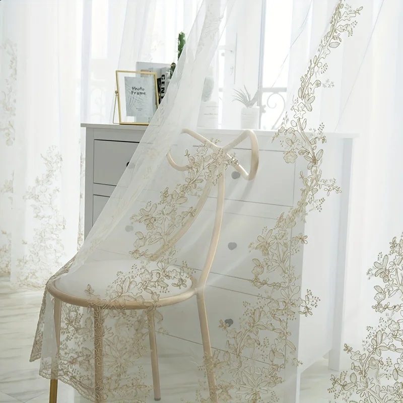 Modern Simple Embroidered Sheer Curtain, Lace Window Treatment, Elegant Home Decor for Living Room & Bedroom, Single Panel Desig