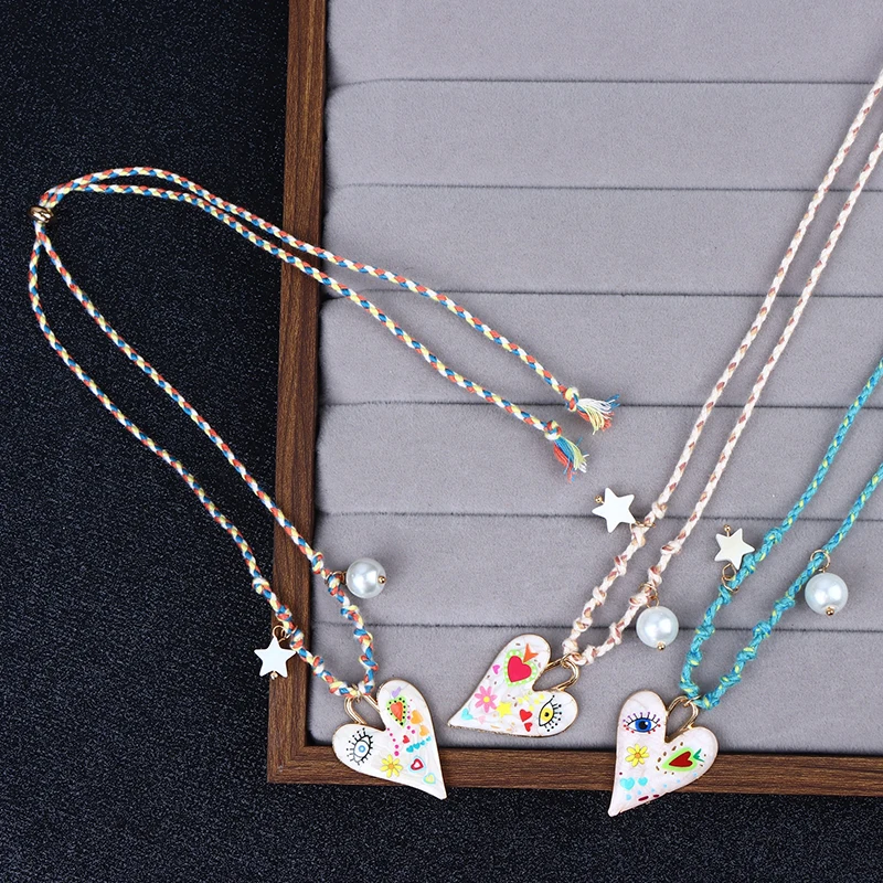 Handmade Knotted Rope Heart Pendant Necklace, Fashion Stackable Sweater Chain With Star Pearl Charm For Women Jewelry Gift