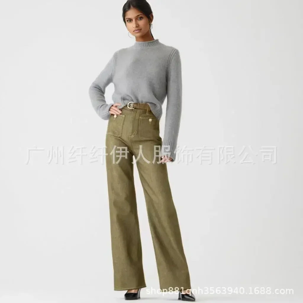 Women's Jeans Denim Pants Clothing New Loose Wide Leg Casual Bleached Button Slightly Flared Jeans Full Length