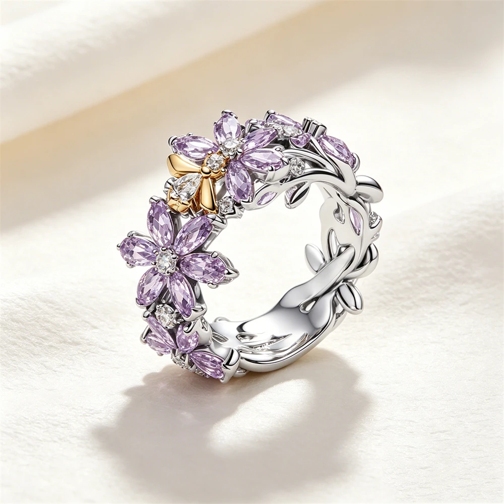 2026 Fashion 925 Silver Women's Ring Bow Pink Purple Flower Crown Crystal Stackable Wedding Ring Engagement Pair Ring