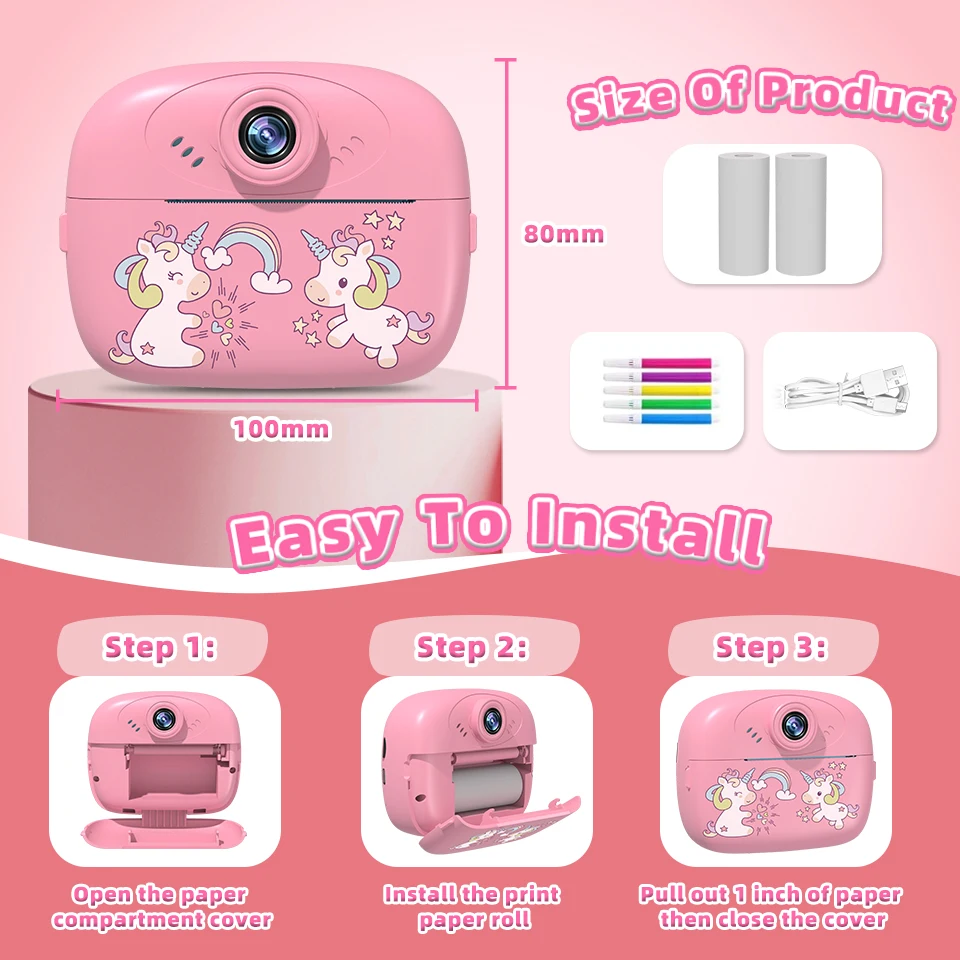 Appareil photo numérique à impression instantanée pour enfants, Halloween, étiquette Photo, appareil photo à impression thermique avec 2 rouleaux de papier d'imprimante, cadeaux de noël