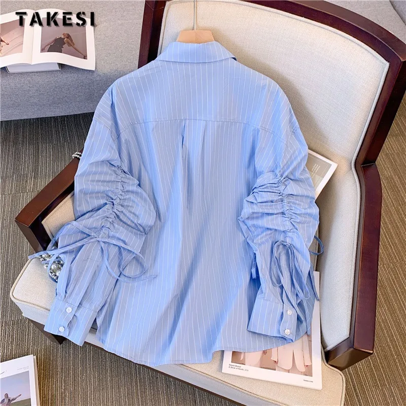 2023 Autumn New Fashion Striped Design Loose Long Sleeve Single Breasted Shirt Women\'s Turn-Down Collar Casual Folds Blouse