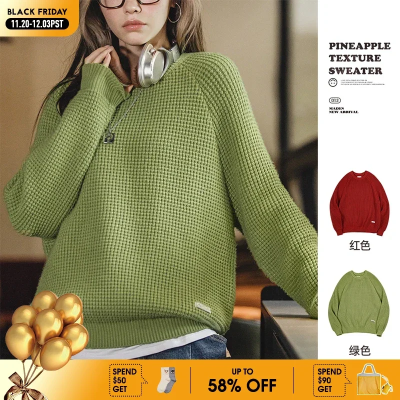 

Maden Women’s Knitted Sweater Pineapple Texture Loose Thickened Pullover Knitwear Raglan Sleeve Green Autumn Winter Tops