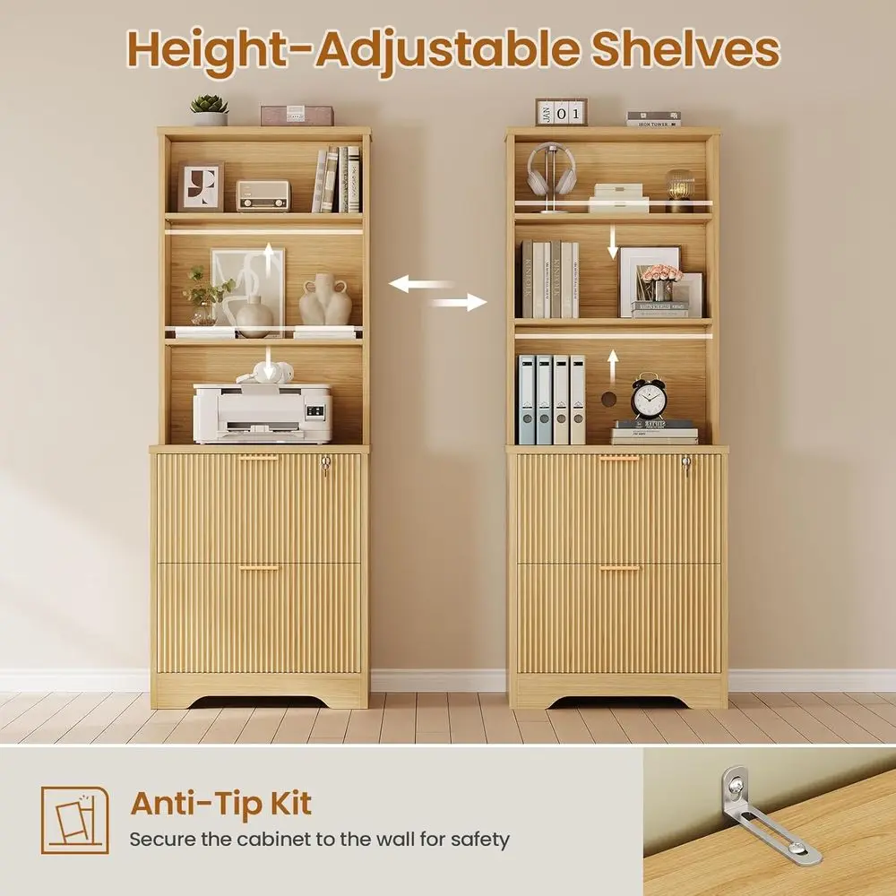 Natural Oak Letter & Legal Size Filing Cabinet with Lock, Adjustable Shelves, and Hanging File Rails