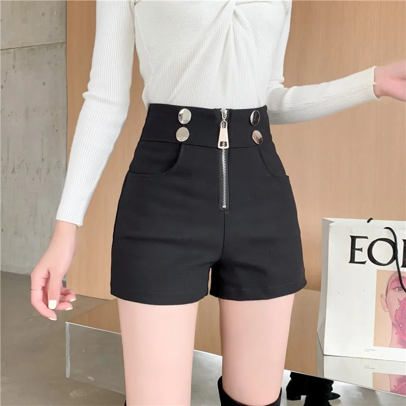 

Женские черные шорты с высокой талией на молнии, осенне-зимние, свободные, прямые, широкие брюки, повседневная верхняя одежда, брюки-кюлоты