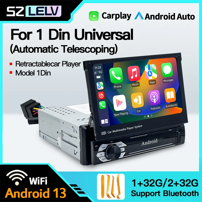 

1 Din Car Radio Uiversal 7 inch With GPS Navigation Android 13 Auto Retractable Screen Carplay Universal Stereo FM BT Multimedia