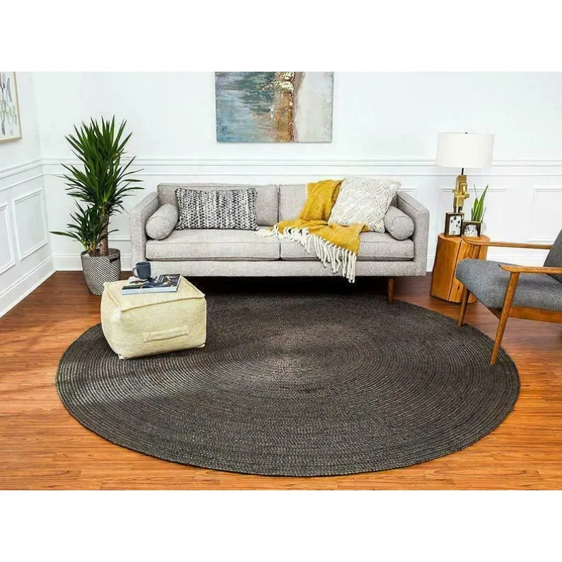 

Rug 100% Natural Jute Bohemian Reversible Black Area Carpet Round Modern Rugs