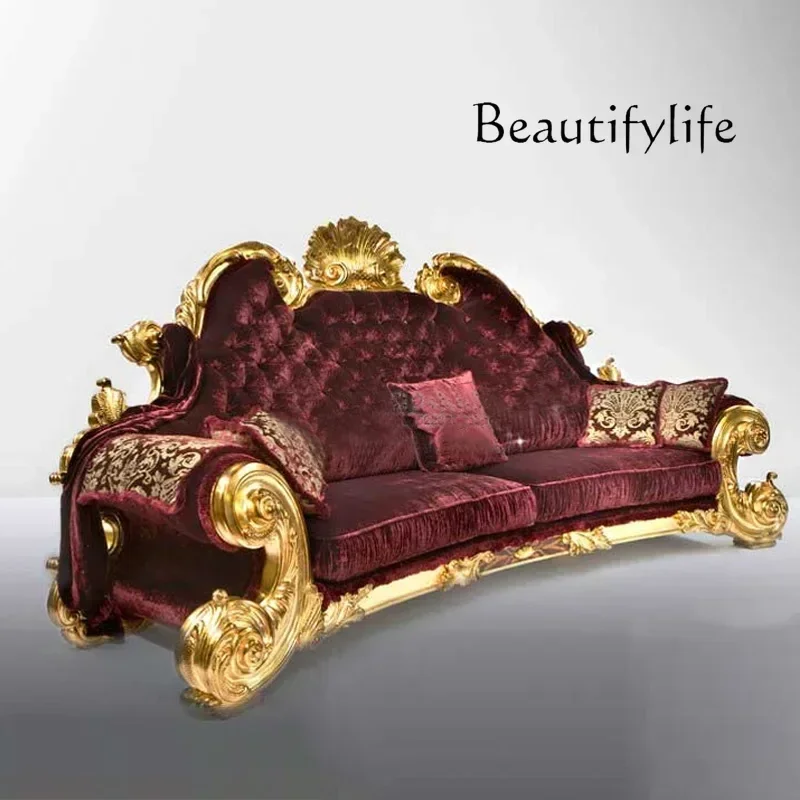 VV SM Salon Wood Solid Sofa French Palace Modern Luxury Villa Living Room Gold Foil Red Flannel Sofa Modern Muebles Unique Furni