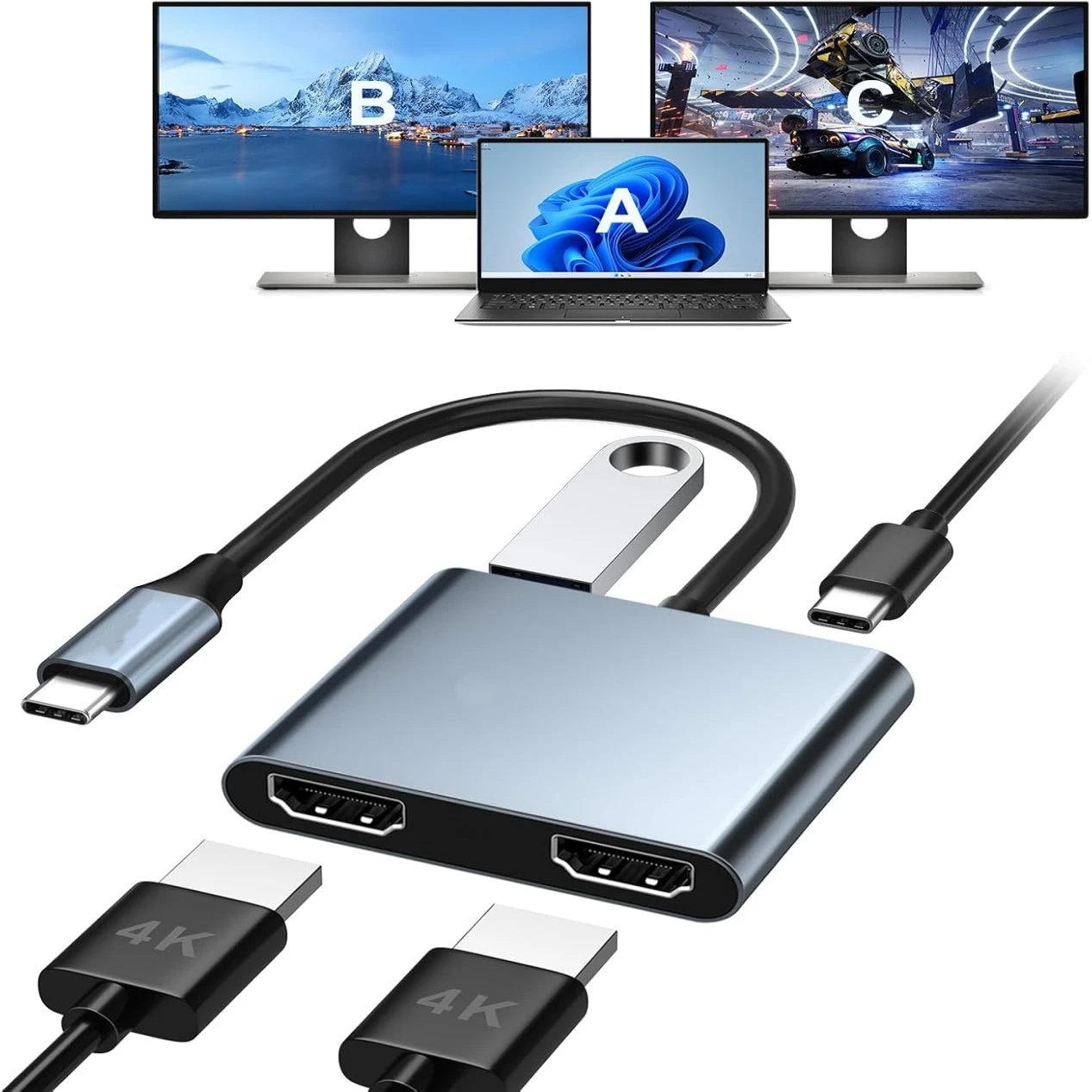 

Adaptador de pantalla USB C a Dual 4K HD, convertidor compatible con tipo C a HDMI, Monitor extendido para portátil HP Lenovo Th