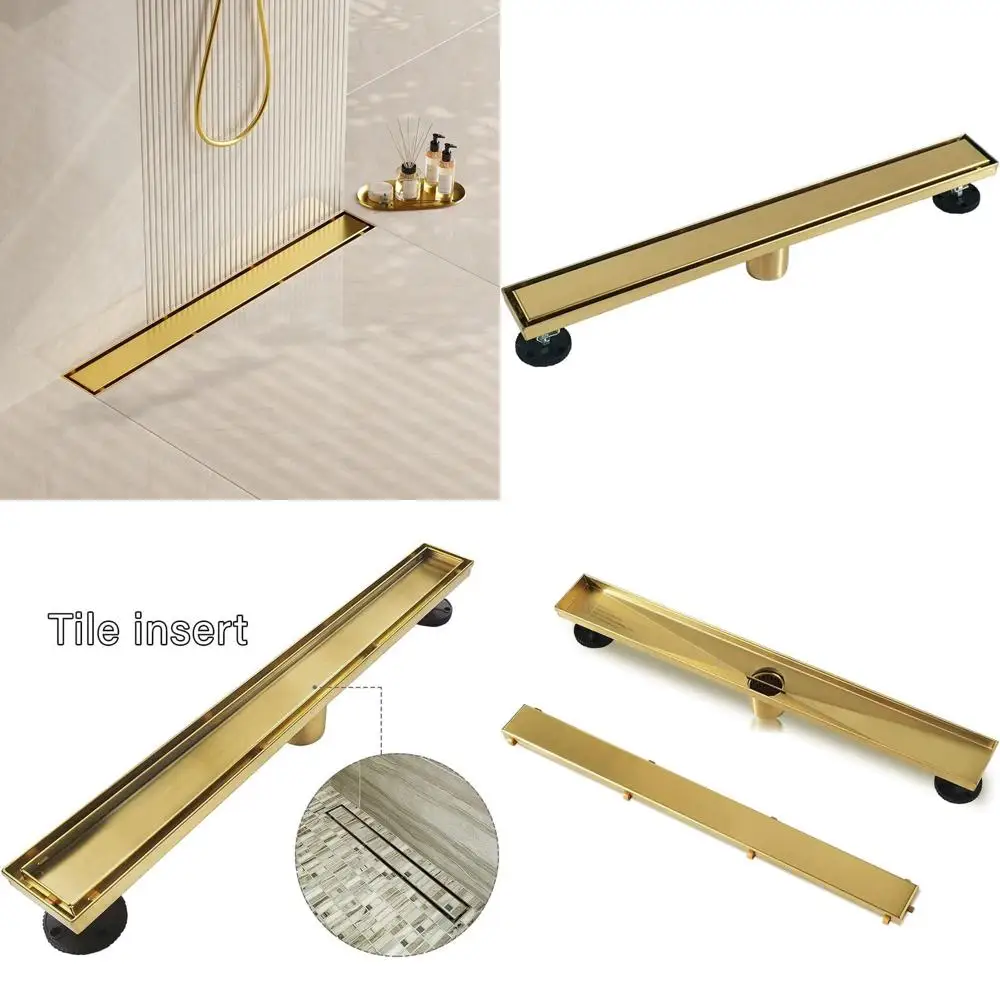 

24-Inch Brushed Brass Shower Floor Drain with Tile Insert and Hair Catcher, Certified Stainless Steel Linear Drain
