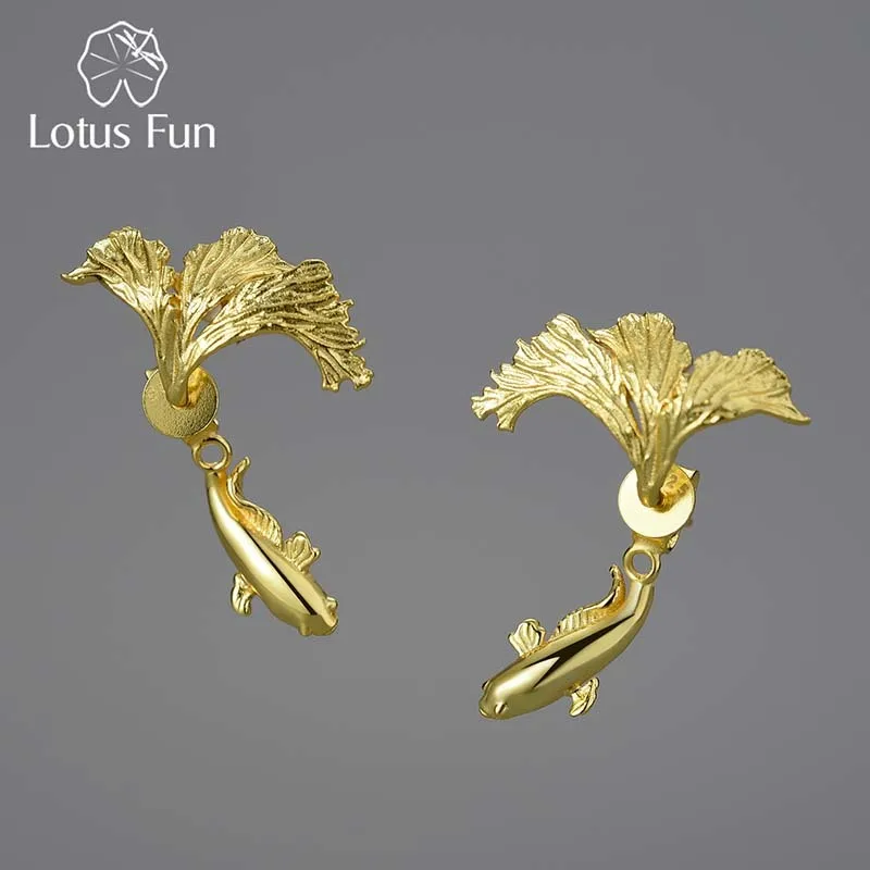 Pendientes Lotus Fun de oro de 18 quilates con diseño dividido inusual y pez luchador para mujer, Plata de Ley 925 auténtica, joyería fina Original