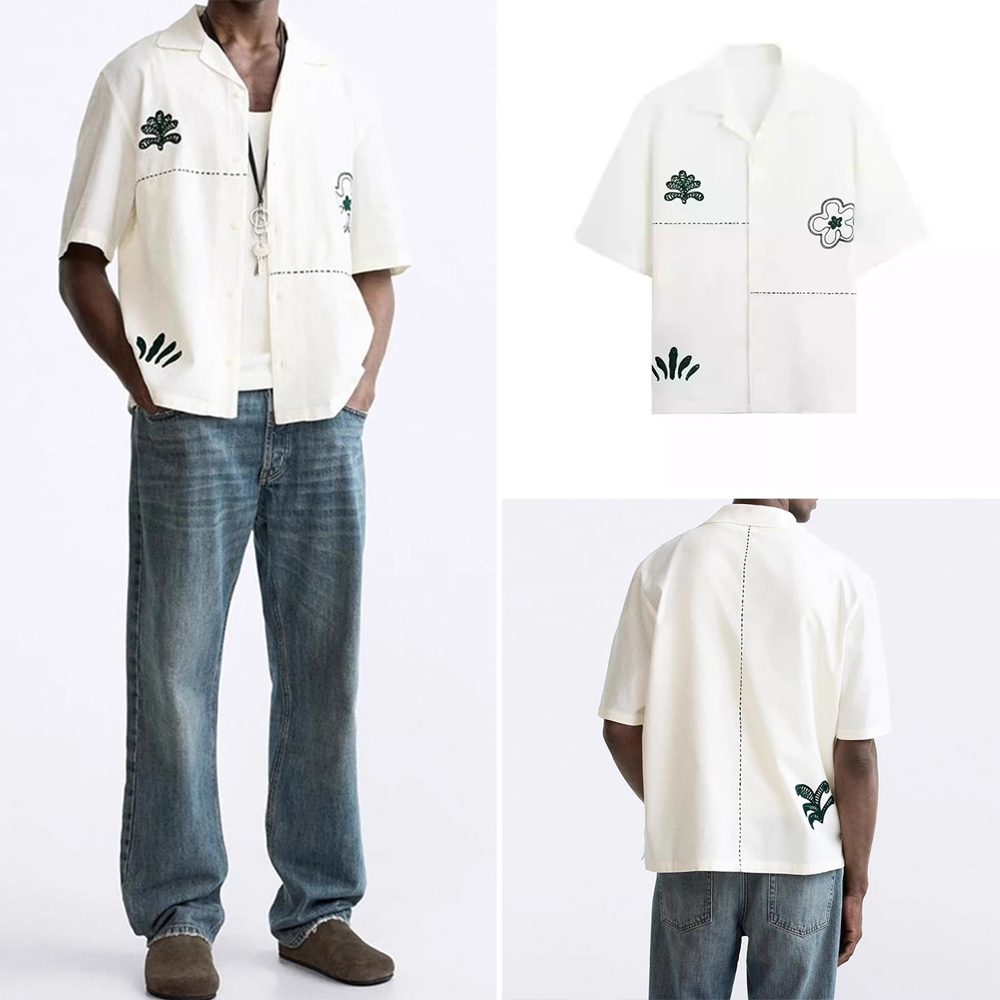 

2025 Winter New Men's Fashion Short Sleeve Bowling Shirt Collar Splice Embroidery Contrast Color Patchwork Men's Shirt