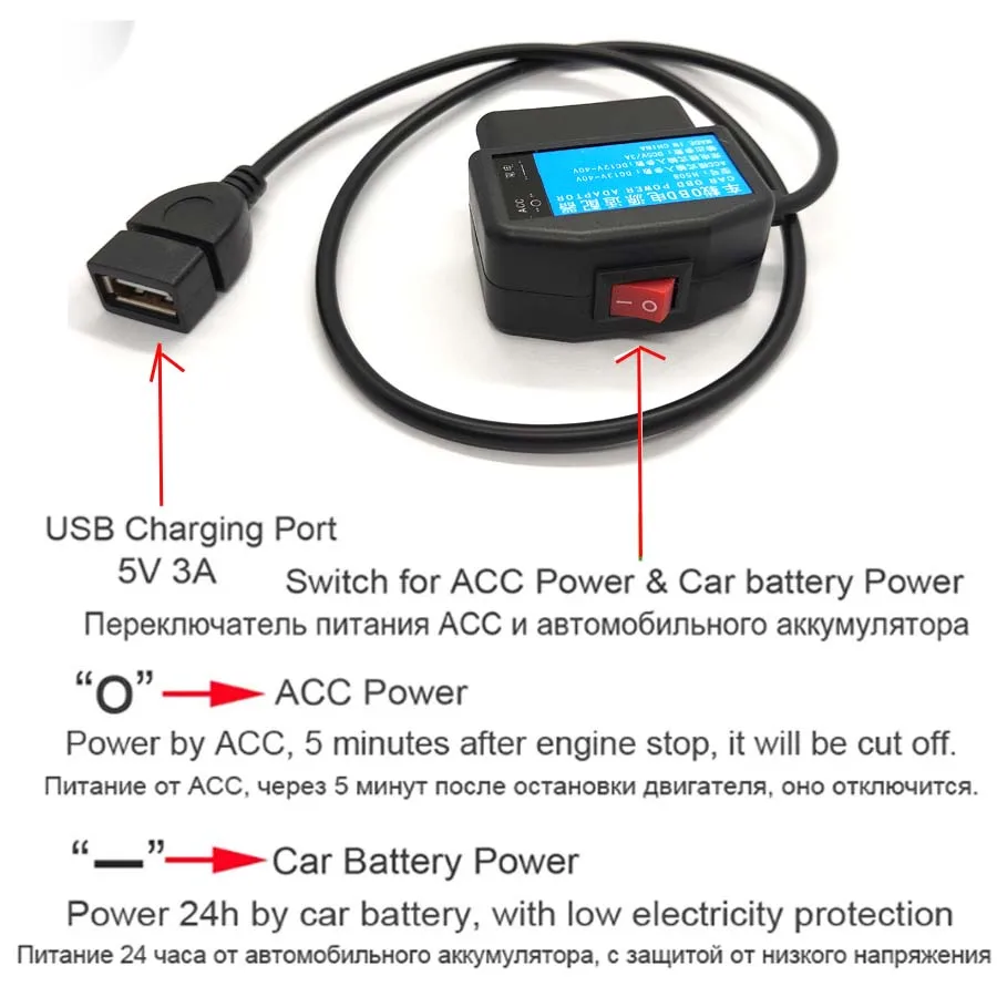 DASH CAM OBD Step-down Line Lossless Power USB Module Cable 24 hour Parking Monitoring + ACC Flameout and Power-off Dual Mode