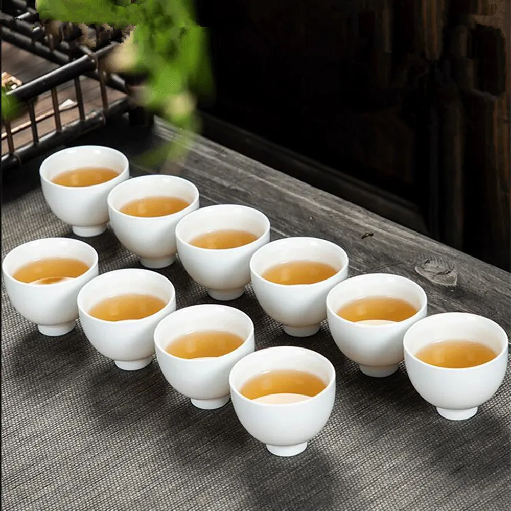 10pcs/pack Dehua High White Porcelain Pure White Ceramic Tea Cup Handmade Kungfu Tea Set Household Simple Pu'er Tea Cup Set