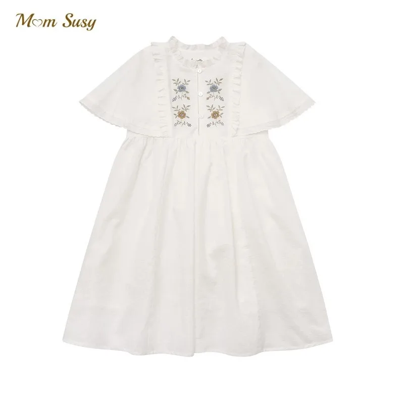 

Baby Girl Princess Embroidery Flower Cotton Dress Shawl Collar Summer Infant Toddler Teens Elegant Vestido Baby Clothes 1-12Y