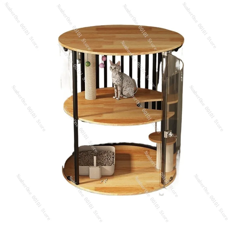 Large Capacity 4 Tier Cylindrical Cat Villa 360 Panoramic View Mobile Cat House Solid Wood Pet Cage Small Space Kitty Condo