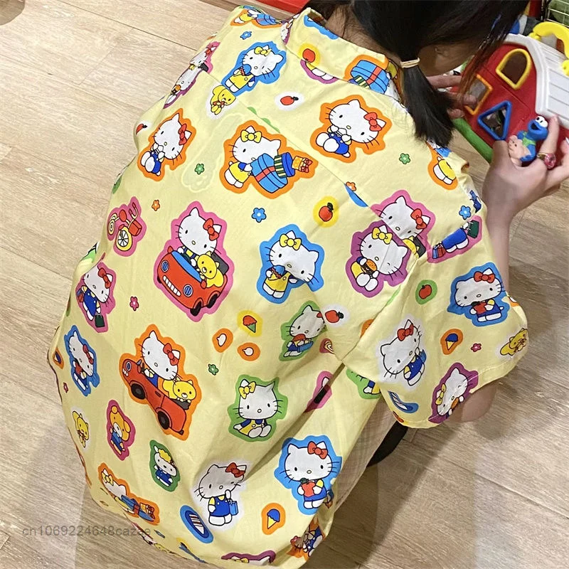 Sanrio Hello Kitty Colorful Graffiti Print Blouse 2022 Summer New Soft Girl Cute Cream Yellow Shirt Y2k Retro Women Kawaii Top