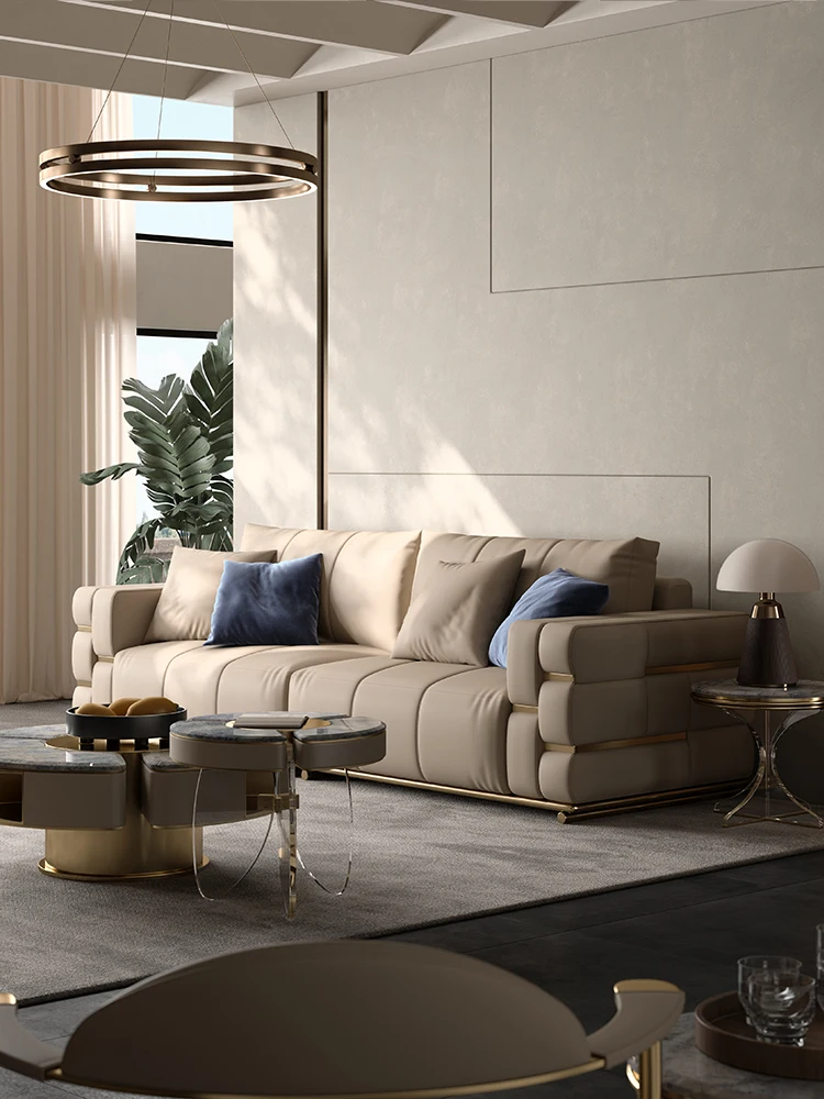 Light Luxury Straight Row Sofa Modern Living Room High-Grade Luxury Furniture Leather Sofa Combination