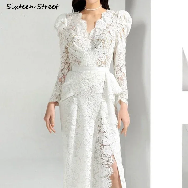 

Vintage White Lace Dress for Women Long Sleeve V-neck Irregular Bodycon Dress Split Business Elegance Women's Clothing