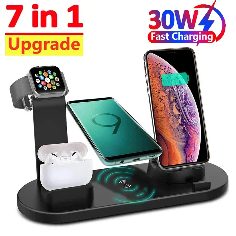 30W 7 In 1 Wireless Charger Stand Pad For iPhone 15 14 13 12 11 X Apple Watch Airpods Desk Phone Chargers Charging Dock Station