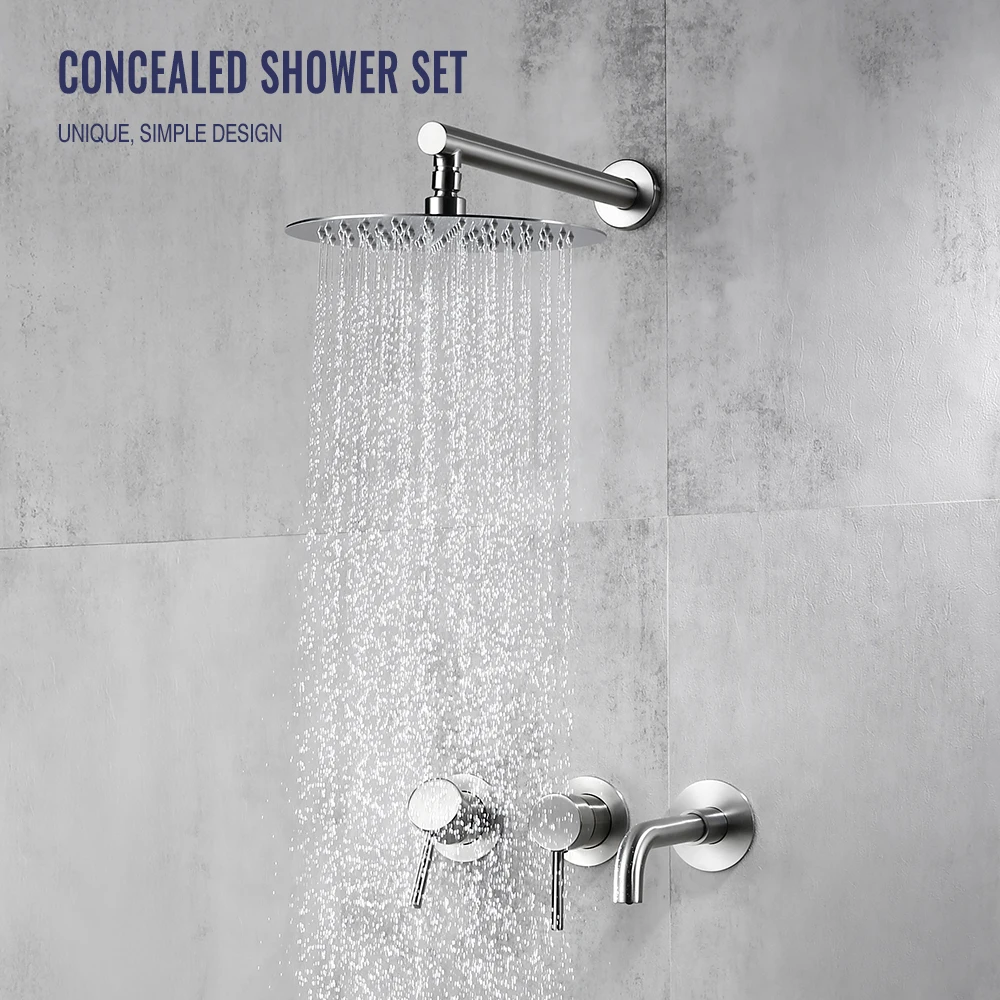 Brushed Nickel Shower Faucet Rainfall Shower&Spout With Sedal Cartridge Hot&Cold Water Mixer Brass Bathroom Shower Tap 2 way Set