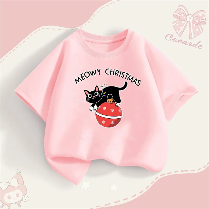 تي شيرت بأكمام قصيرة لحفلات عيد الميلاد للأطفال، قميص كارتوني على شكل قطة سوداء للفتيات والأولاد، ملابس كاجوال #1