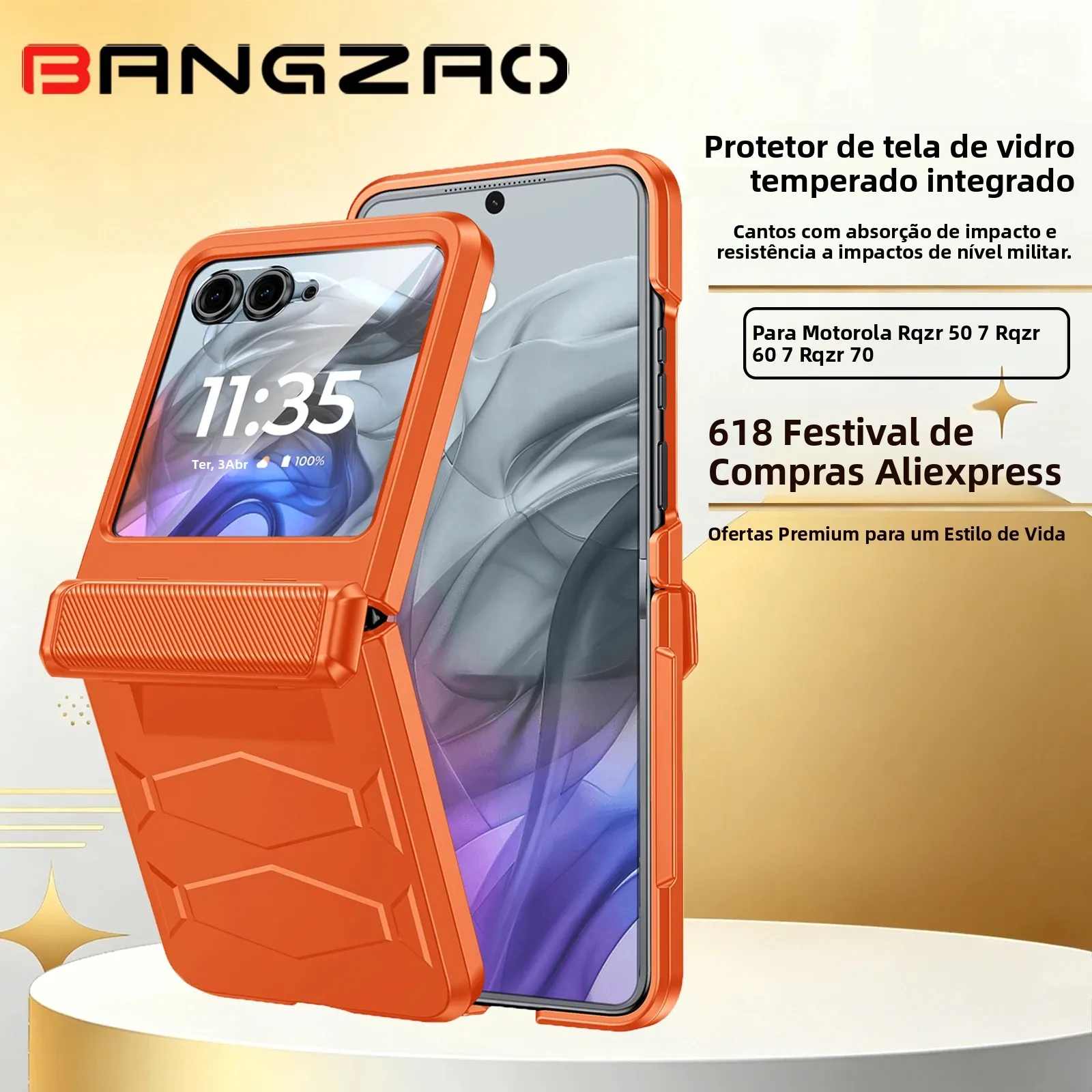 Promoção 618! Para Motorola Razr 50/60/70, Vidro Temperado HD Integrado, Proteção Contra Quedas de Grau Militar, Capa de Telefone com Proteção de Dobradiça - Laranja