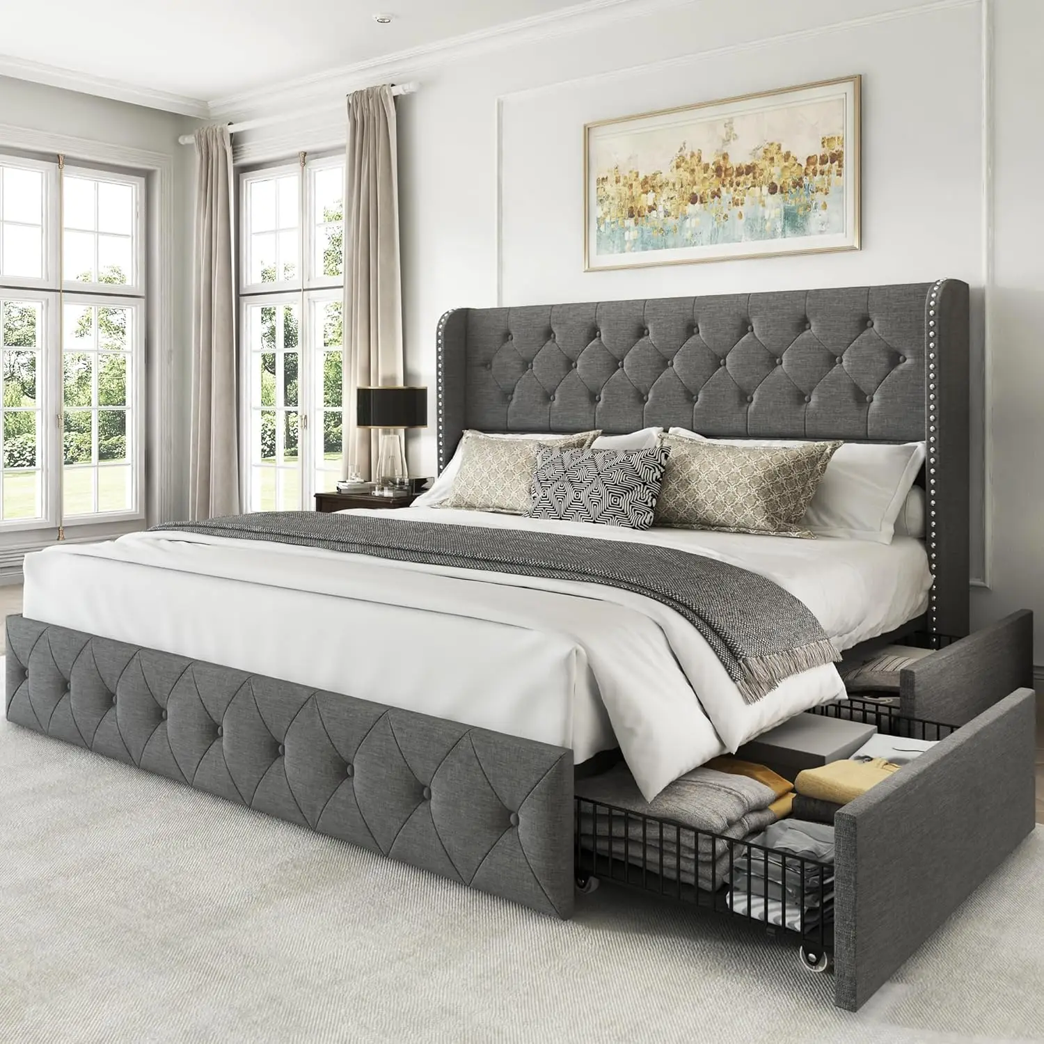 Bed Frame with 4 Storage Drawers and Wingback Headboard Tufted Platform Bed Frame Linen Beds with Wooden Slats Support