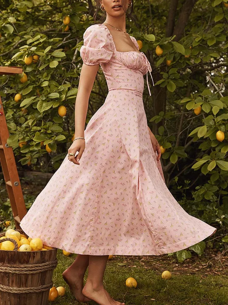 Women Floral Print Elegant A line Long Dresses Spring Summer Chic Party Maxi Dress Robe Femme