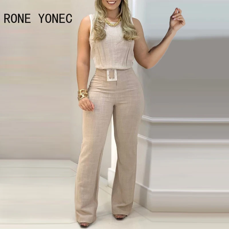 Women O-neck Sleeveless Ribbed Top & Pocket Design with Belts Pants Set