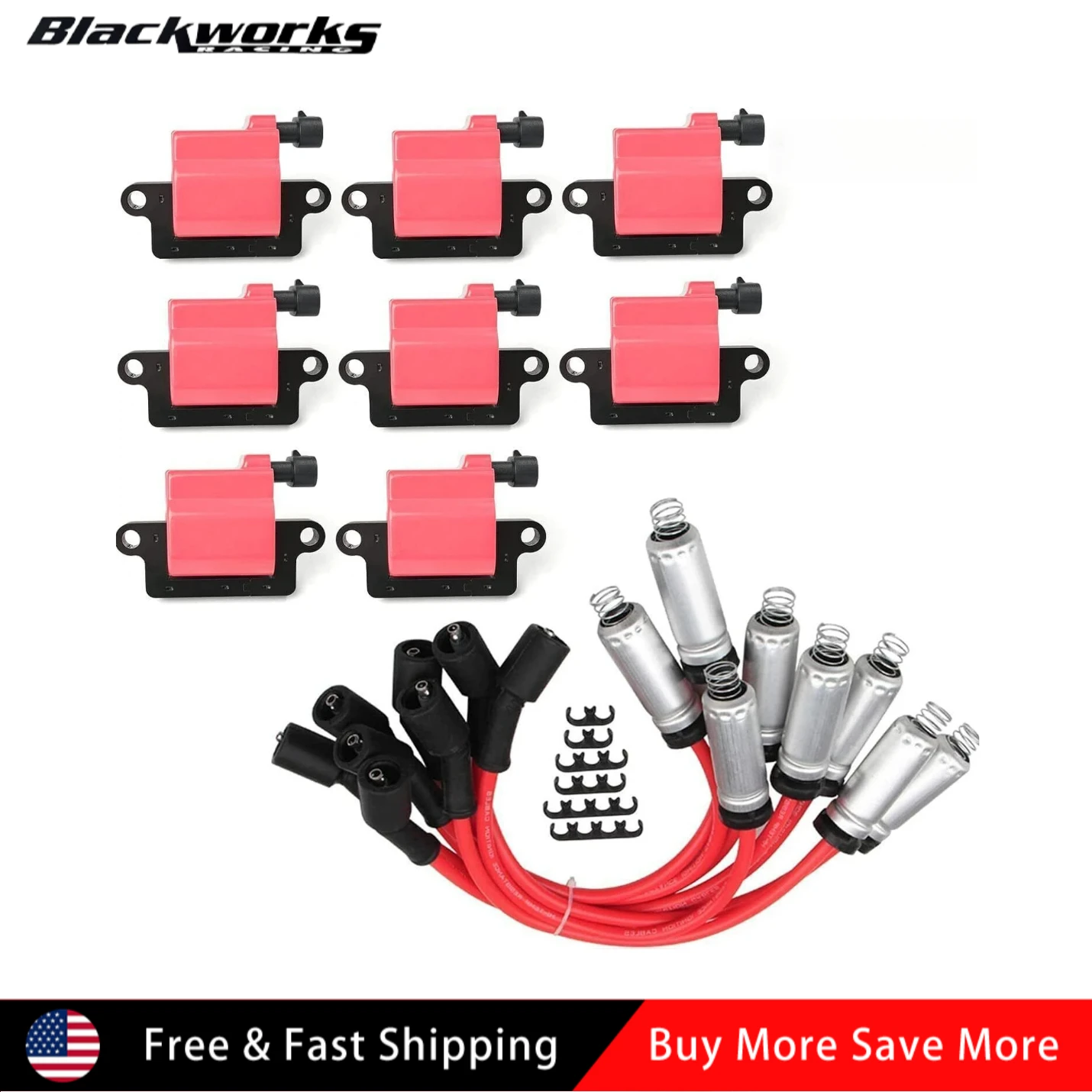 

D581 UF271 12556893 12558693 12570553 38590 8x Red Square Ignition Coil & Spark Plug Wire for Chevy GMC 4.8L 5.3L 6.0L 8.1L