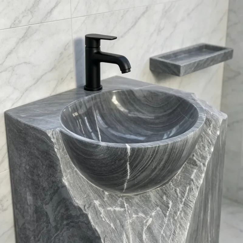 Rustic Grey Marble Wall Mounted Sink Handcrafted Natural Stone Wash Basin for Modern Bathroom Hotel Vanity Countertop Vessel