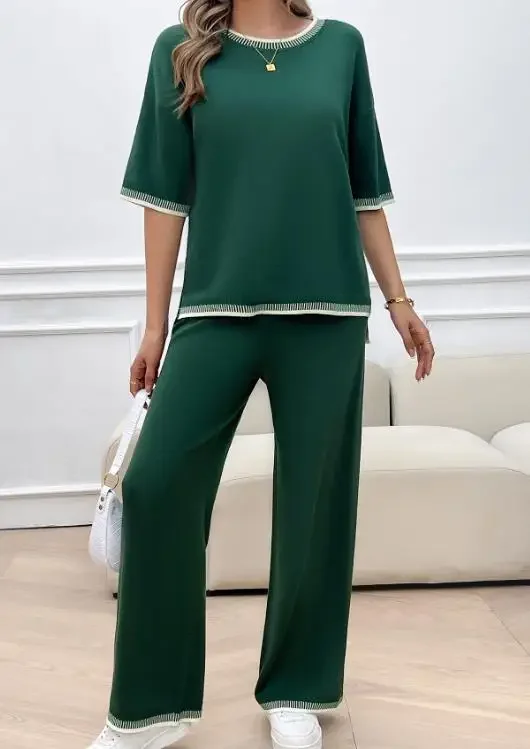 

CPSYMYM Fashion Women Simple 2-Piece Leisure Vacation Style Round Neck Color Blocked Short Sleeved Top and Straight Leg Pa
