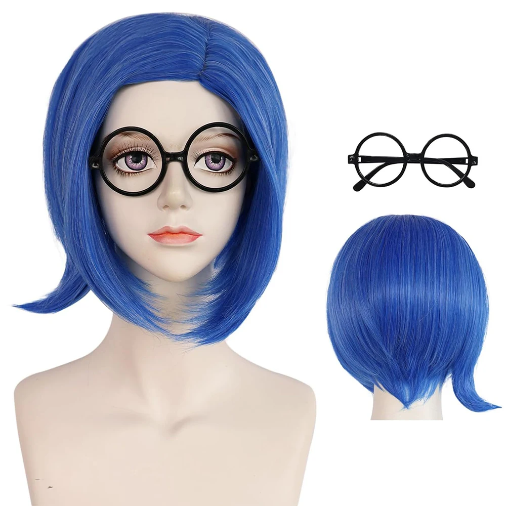 UU Sadness Blue Bob Wig with Black Glasses Frames Girls Blue Wig Anime Women Heat Resistant Synthetic Cosplay Halloween Costume
