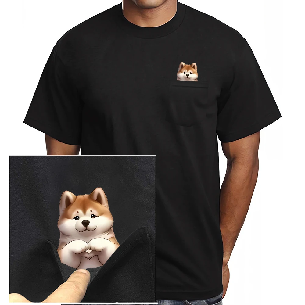 CLOOCL Shiba Inu Cotton T-Shirts Cute Puppy Hand Heart Gesture Print Pocket T-shirt Men Women Short Sleeve Shirts Hip Pop Tops