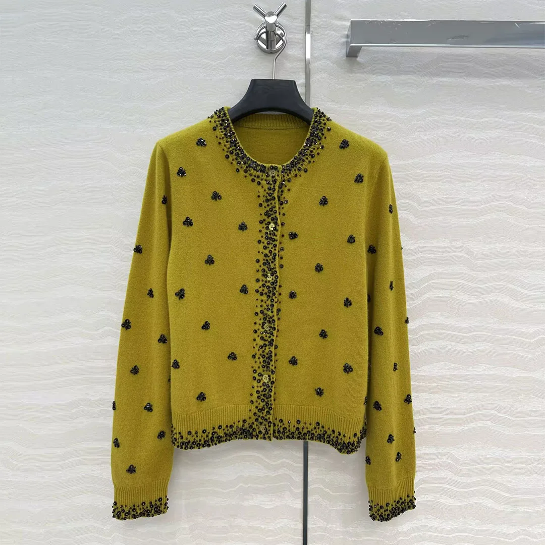 

Luxury Embroidery Sequins Beading Olive Green Wool Knitted Cardigans Women O-neck Long Sleeve Buttons Sweet Retro Short Sweater