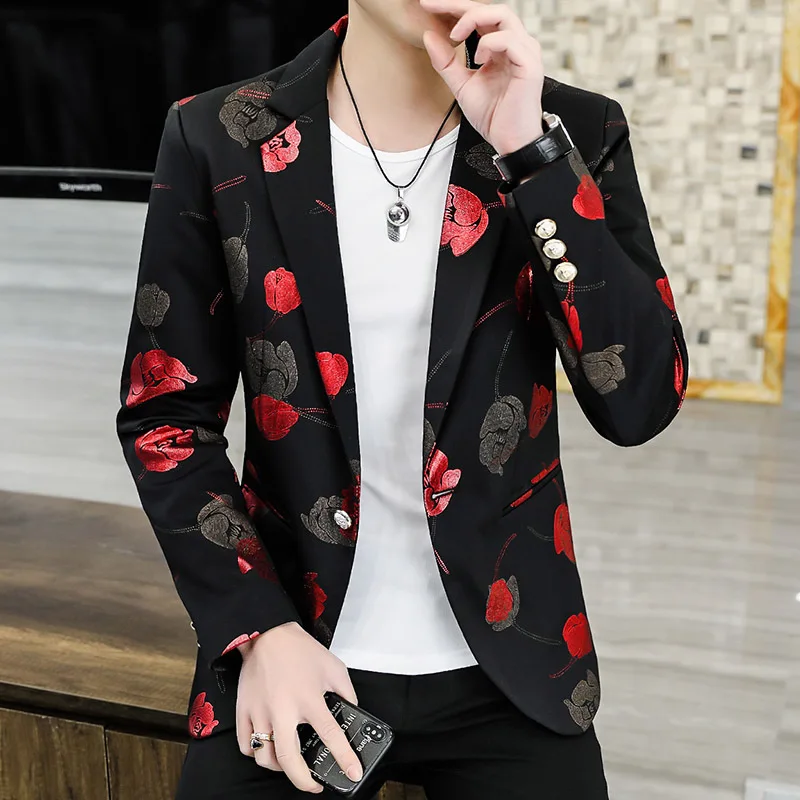 HOO 202 Men's New Bronzing Printed blazer Youth Slim Fit Leisure   blazers