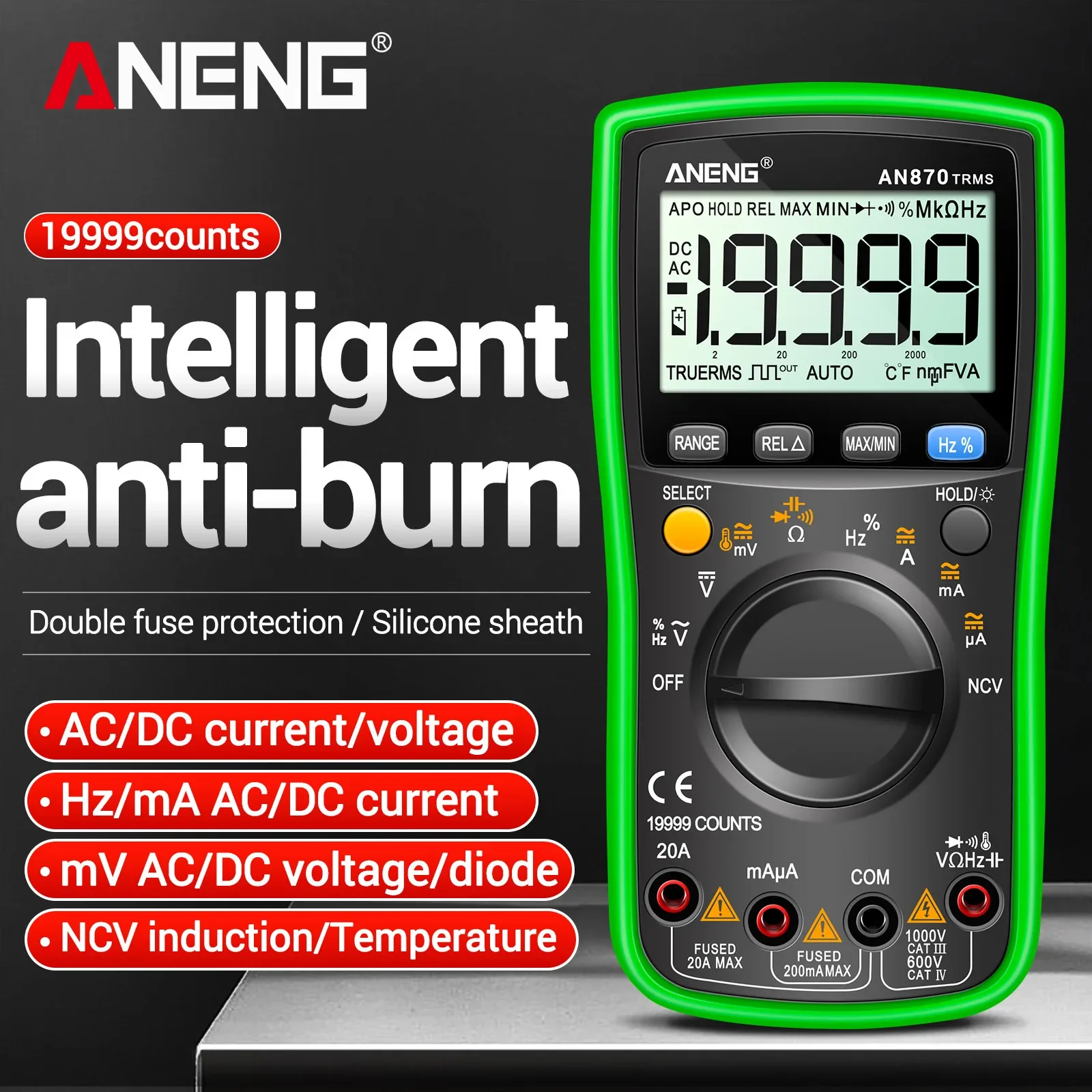 ANENG AN870 Digital Multimeter 19999 Counts 1000V DC 750V AC NCV Temp Capacitance Frequency Duty Cycle Backlight Circuit Tester