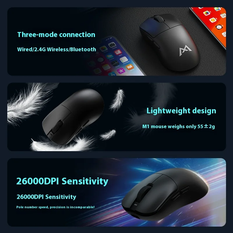 MONKA M1 Wireless Gaming Mouse Bluetooth Three Modes Wired High Performance Esports Long Endurance PAW3395 Lightweight Mouse