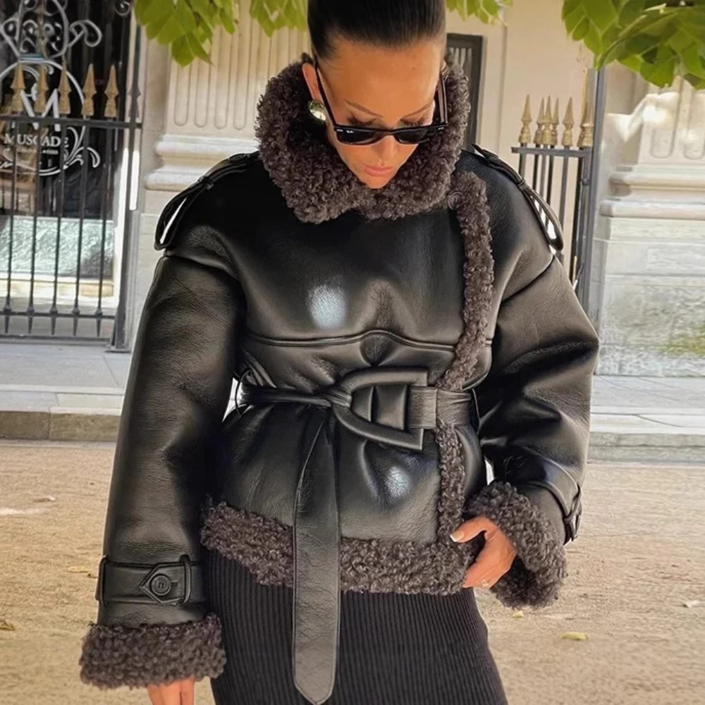女性用ラムウールレザーロングジャケット,暖かいラペル,長袖,ベルトポケットコート,パッチワーク,冬,2022