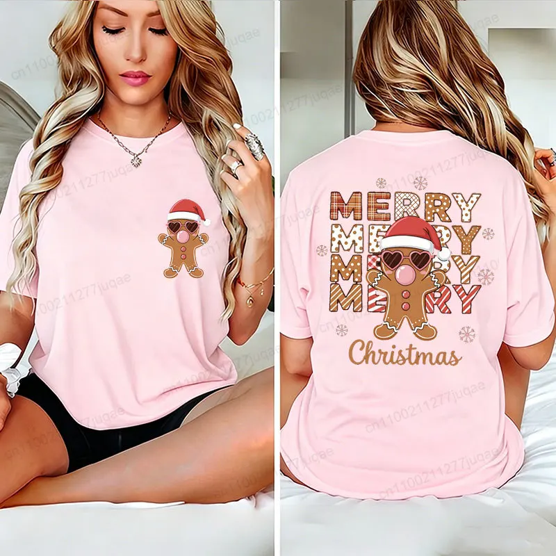 Weihnachts-T-Shirt für Damen, T-Shirt mit Lebkuchen-Motiv, T-Shirts mit beidseitigem Aufdruck, T-Shirts mit Weihnachtsmotiv, Weihnachts-Party-Outfit. – Detail 6