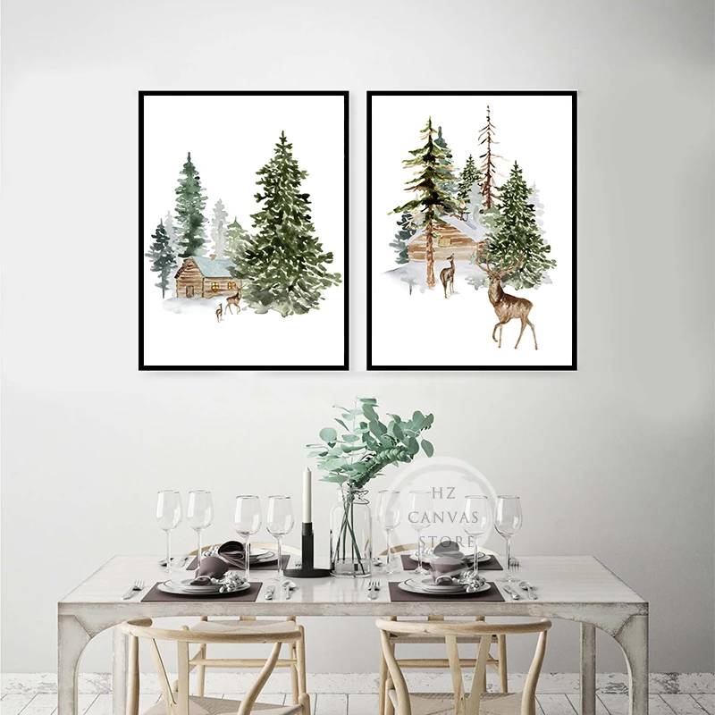 Winter Forest Deer Watercolor Poster and Print Canvas Painting Christmas Reindeer Wall Art Picture for Room Home Holiday Decor