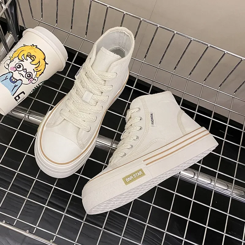 Maogu Women Autumn 2023 New Fashion Thick Platform Leisure Sports Shoe White Sneakers Breathable Casual High Top Canvas Shoes 40