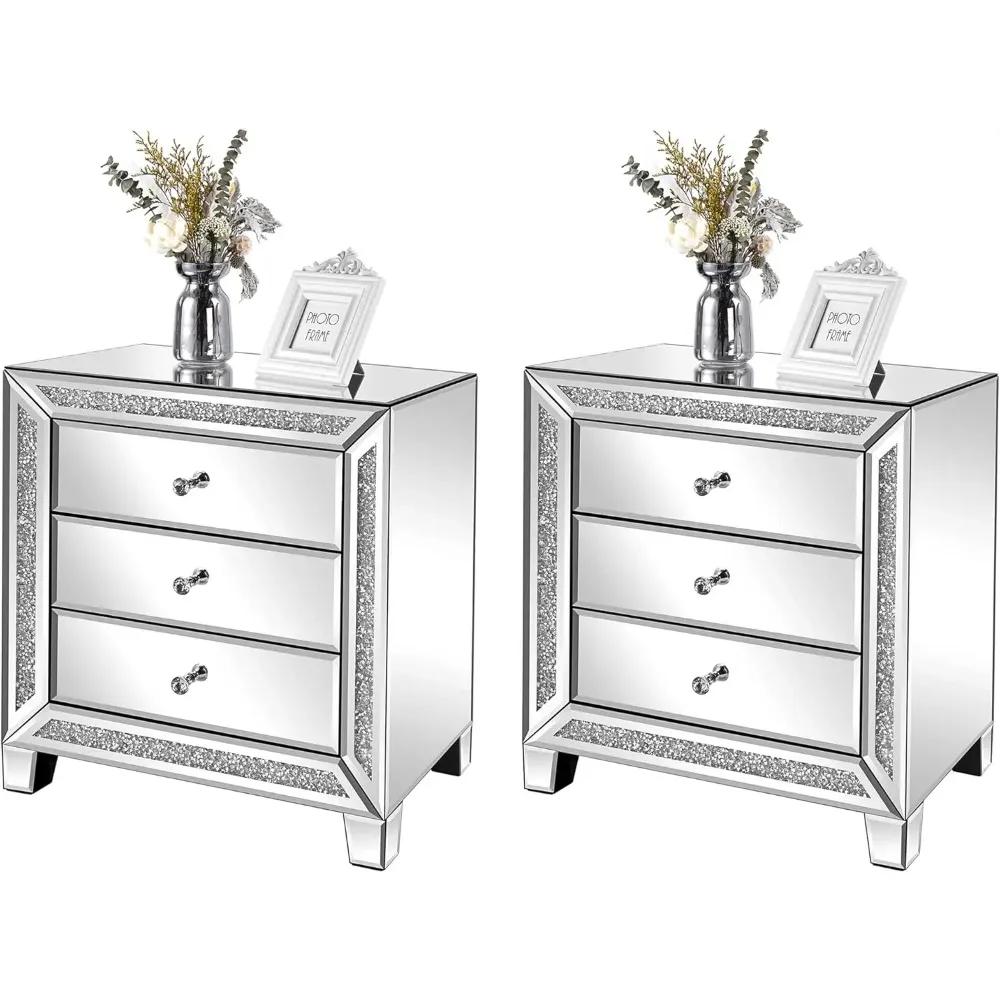 

Mirrored Nightstands set of 2 Glass Mirror Night Stand Set of 2 Modern Bedside Table 3 Drawer Glass Side End Table Silver