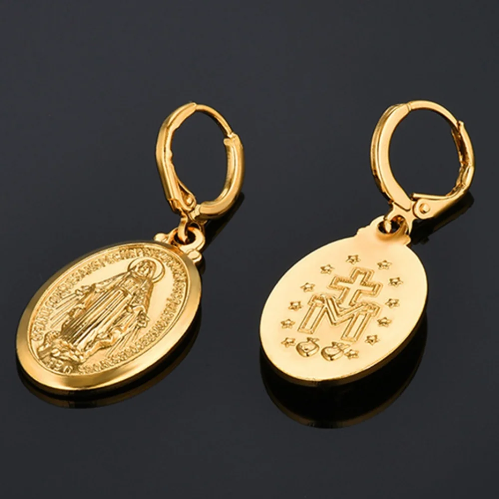 Catholic Gift Gold Color Madonna Medal/Crucifix Cross/Virgin Mary/Rosary Drop Earrings for Women Dropshipping
