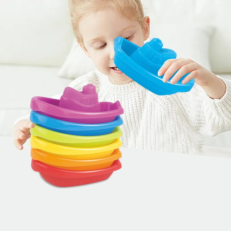 Baby Bath Toys Colorful Stacking Cups Early Educational Montessori Children Toys Boat-shaped Stacked Cup Folding Tower Toys Gift