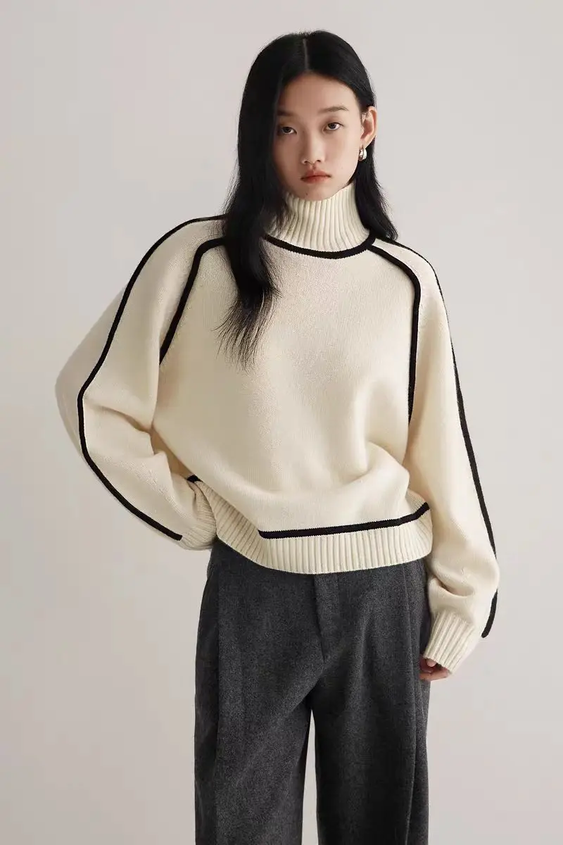 Sweater Three-Dimensional Stripes Turtleneck Warm Casual Thicken Long Sleeve Knitted Pullovers Women 2024 Autumn New Jumpers