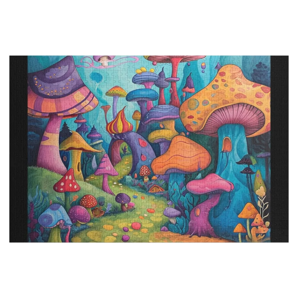 Enchanted Forest Mushrooms, Whimsical Cartoon Fantasy Art Mushroom Village Jigsaw Puzzle Personalized Gift Puzzle